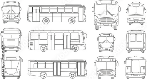 Public bus vehicle outline set showing front, side, and rear views for transportation design, urban transit planning, and commercial passenger vehicle illustration in technical line style