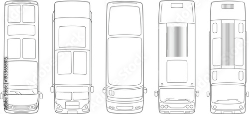 Top view bus outline collection featuring various city and coach designs, detailed vector line drawings isolated on white for public transport and urban planning projects