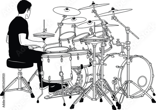 Drummer silhouette, drum set icon, percussion instrument, music performance, band illustration, concert art, flat vector, CAD drawing, black and white design