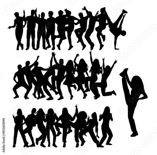 Group dancing, dancing people silhouette, man dancer jumping, jazz funk style, hip hop vibe