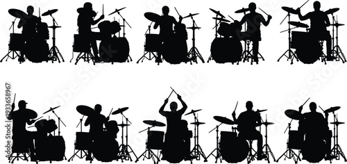 Drummer silhouettes, drum kit players, percussion icons, music band, concert performance, rhythm art, flat vector, CAD drawing, black and white illustration