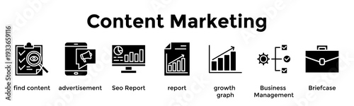 Content Marketing Banner Web Icon Vector Illustration Concept For Find Content, Advertisement, Seo Report, Report, Growth Graph, Business Management, Briefcase