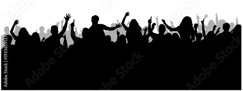 Loud crowd at concert, joyful fans in audience, group of people cheering