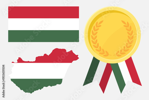 Hungary flag with map and gold medal in set for web and banners or app and games