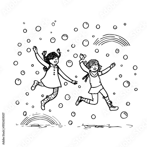 Two little girls jumping happily in the rain with bubbles and rainbows around them on a white background