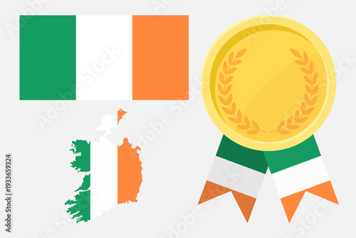 Ireland flag with map and gold medal in set for web and banners or app and games