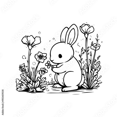 Cute cartoon rabbit sniffs flower in garden with blooming flowers and leaves black and white illustration
