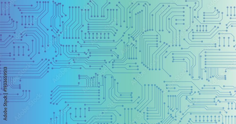 Obraz premium Abstract digital circuit board on an electric blue technological background. Circuit board with connected lines and dots on an abstract digital motherboard. 