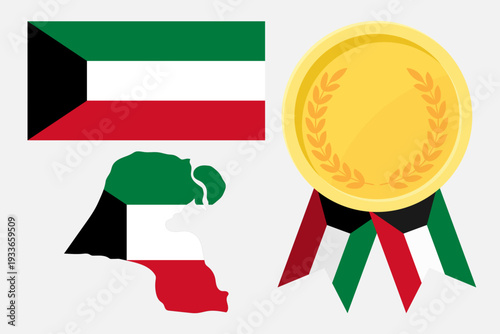Kuwait flag with map and gold medal in set for web and banners or app and games