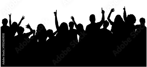 Crowd cheering at music event, happy fans in audience, people gathering together