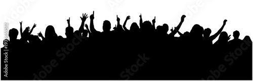 Cheering audience at live concert, excited fans in crowd, group of people celebrating