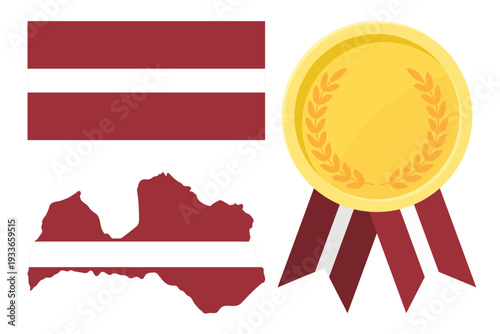 Latvia flag with map and gold medal in set for web and banners or app and games