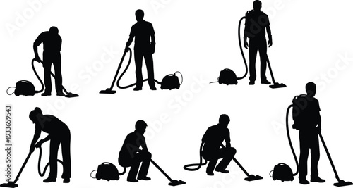Vacuum cleaner silhouettes, cleaning posture, housework icon, janitor, maid, hygiene, sanitation, flat vector, CAD drawing, black silhouette, ergonomic vacuuming illustration