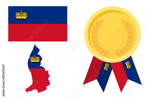 Liechtenstein flag with map and gold medal in set for web and banners or app and games