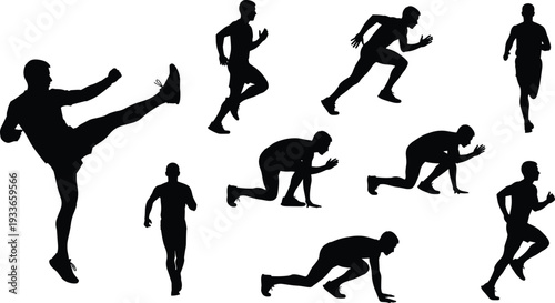 Silhouette athlete running, kicking, sprinting, crouching, sports training, fitness exercise, dynamic movement, human motion, workout activity, cad drawing flat vector illustration