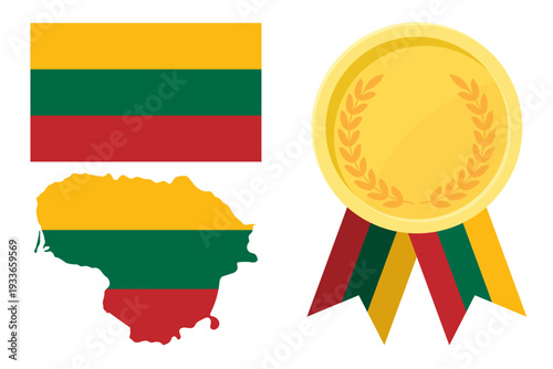 Lithuania flag with map and gold medal in set for web and banners or app and games