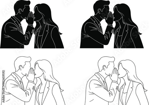 Whispering couple silhouettes, man woman communication, secret talk icons, gossip figures, relationship gesture, body language, cad drawing flat vector illustration