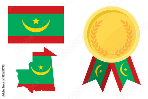 Mauritania flag with map and gold medal in set for web and banners or app and games