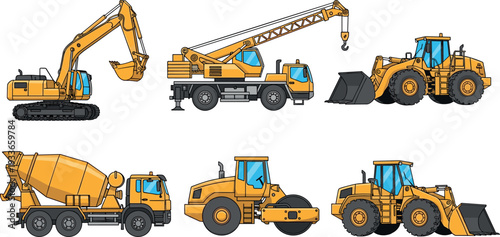 Construction heavy machinery set including excavator, crane truck, wheel loader, cement mixer and road roller, industrial engineering vehicles for building, mining and infrastructure
