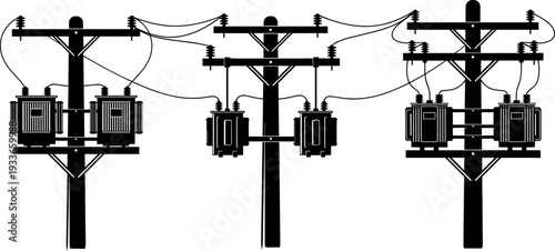 Electric power distribution poles with transformers and cables silhouettes, utility infrastructure for electricity transmission, energy supply network equipment isolated technical illustration set