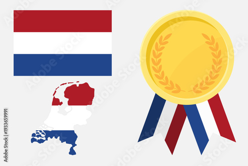 Netherlands flag with map and gold medal in set for web and banners or app and games