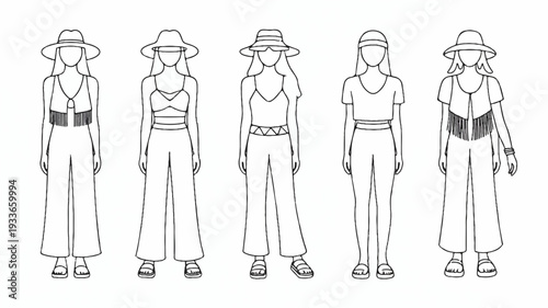 Five women in different summer outfits and hats standing in a row simple line art style