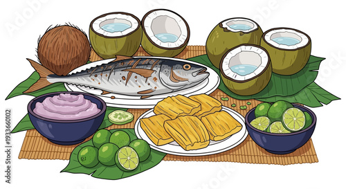 Fresh seafood and tropical fruits arranged on a woven mat in a vibrant still life composition from directly above viewpoint
