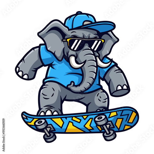 Cool elephant skateboarder wearing sunglasses and cap performs tricks