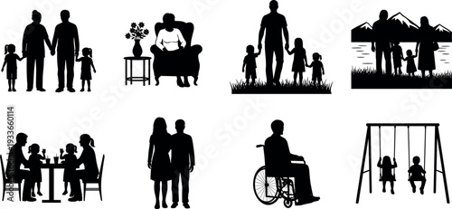 Family life silhouettes collection showing parents, children and grandparents in daily activities, dining, walking, playground and wheelchair scene representing family relationship