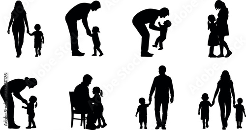 Family parenting silhouettes collection featuring mother, father and children walking, playing and caring interaction, happy parent child relationship and family love