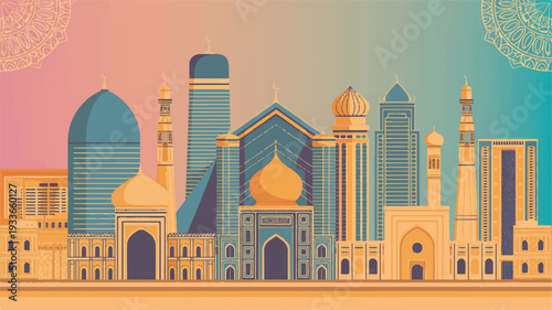 Vibrant middle eastern cityscape with mosques and skyscrapers in warm golden light at sunset