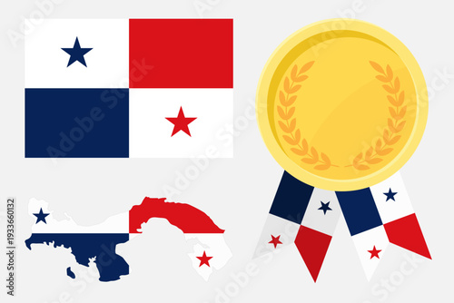 Panama flag with map and gold medal in set for web and banners or app and games