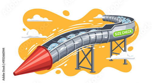 Fish speeding through size check conveyor belt in cartoon style