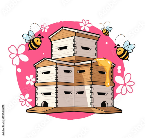 Charming cartoon bees buzz around stacked wooden beehives with honey