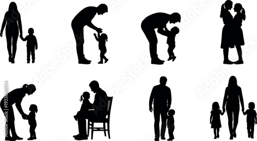 Family parenting silhouettes showing parents interacting with children, walking together, playing and caring moments, father mother and kids lifestyle scenes isolated vector illustration