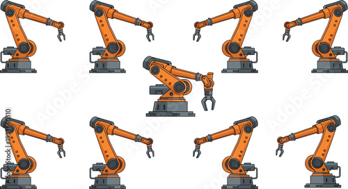 Industrial robotic arm collection showing automated factory robots in different positions, manufacturing automation equipment for assembly line, engineering technology and smart industry