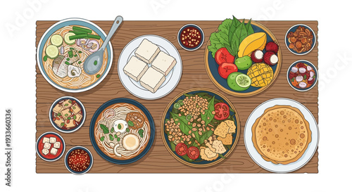 Assorted breakfast dishes and ingredients on a wooden table viewed from directly above