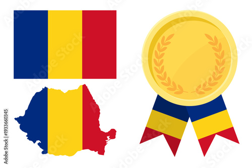 Romania flag with map and gold medal in set for web and banners or app and games