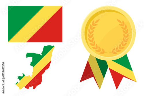 Republic of the Congo flag with map and gold medal in set for web and banners or app and games