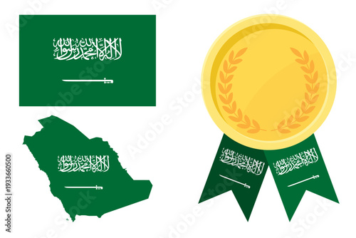 Saudi Arabia flag with map and gold medal in set for web and banners or app and games
