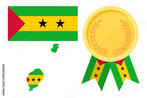 Sao Tome and Principe flag with map and gold medal in set for web and banners or app and games