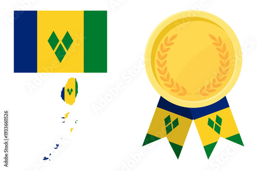 Saint Vincent and the Grenadines flag with map and gold medal in set for web and banners or app and games