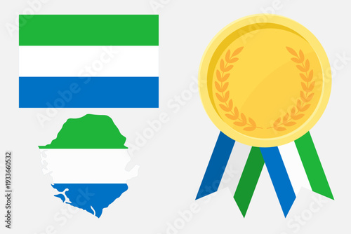 Sierra Leone flag with map and gold medal in set for web and banners or app and games