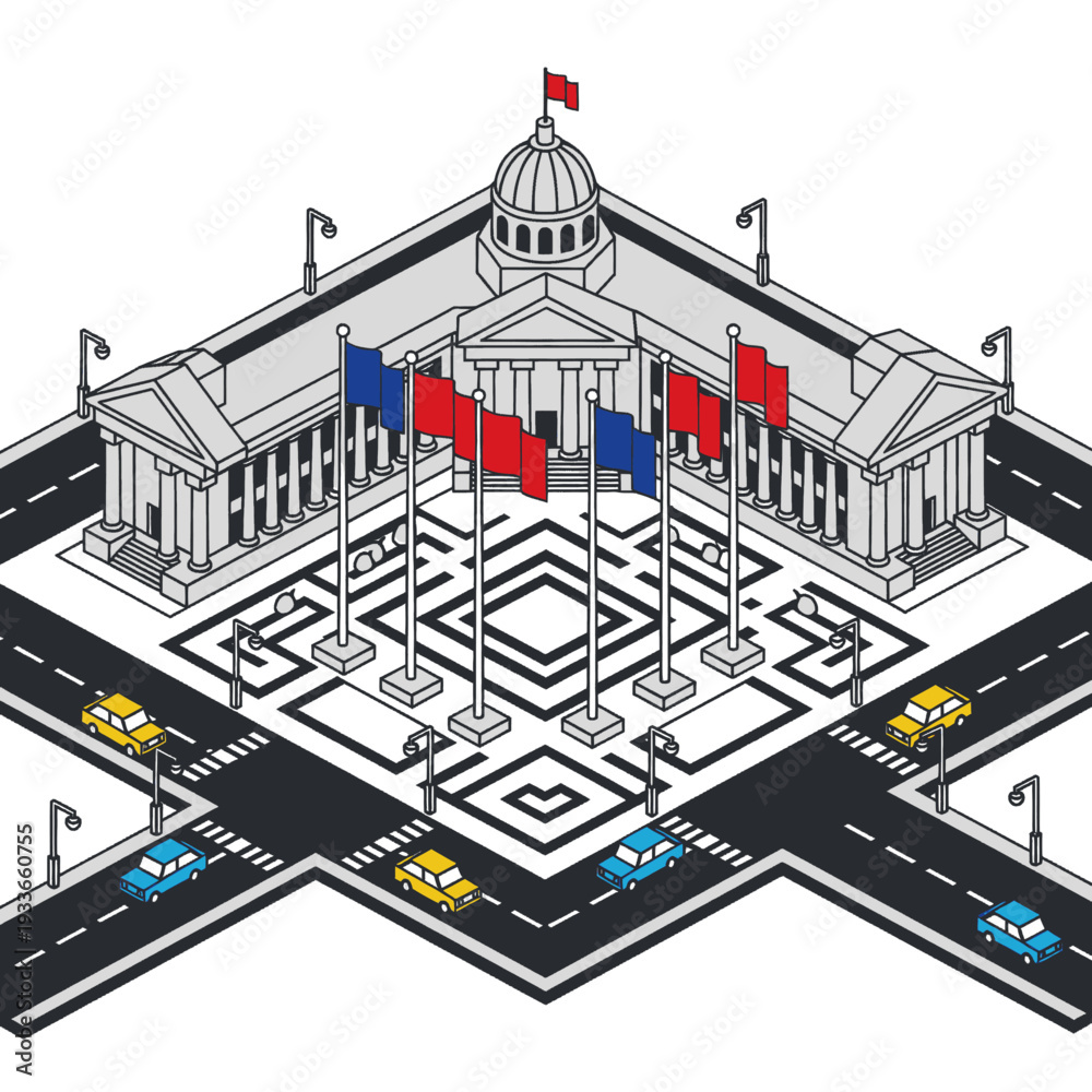 Naklejka premium Government Building with Flags and Roads.