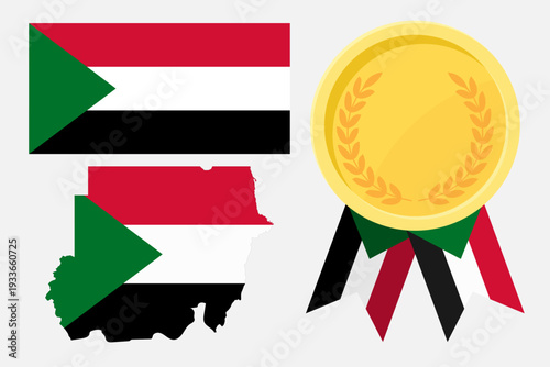 Sudan flag with map and gold medal in set for web and banners or app and games