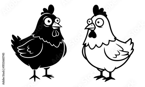 Cute Black and White Cartoon Chicken Vector Illustration Set
