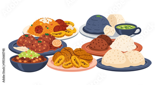 Assorted international cuisine delicacies displayed on multiple plates and bowls, showcasing global culinary delights and various dishes served