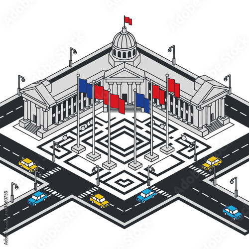 Government Building with Flags and Roads.