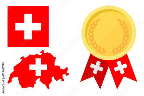 Switzerland flag with map and gold medal in set for web and banners or app and games
