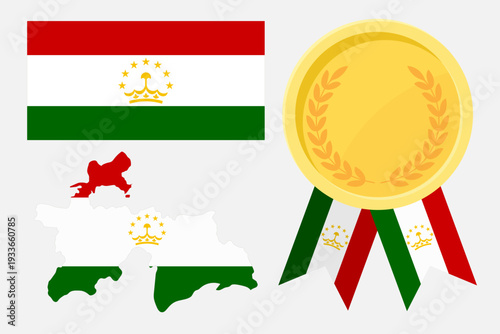 Tajikistan flag with map and gold medal in set for web and banners or app and games